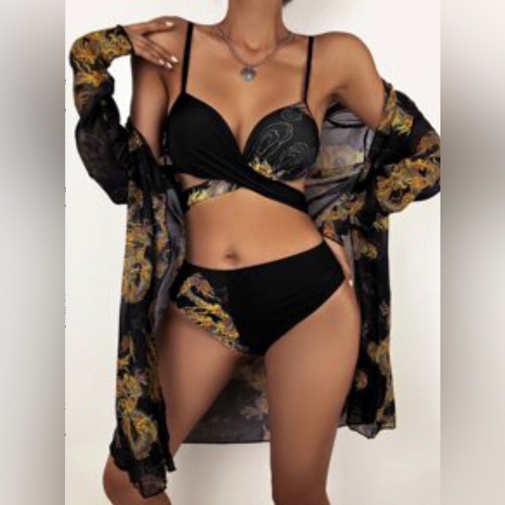 Shein Size:M 3 piece Chinese Dragon Twist Dragon bikini with mesh cover up robe.